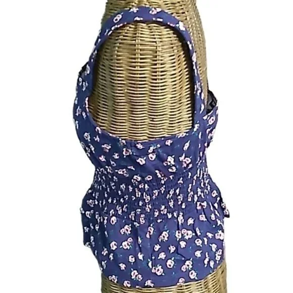 Express Blue Ditsy Floral Square Neck Sleeveless Peplum Smocked Blouse - Picture 2 of 4